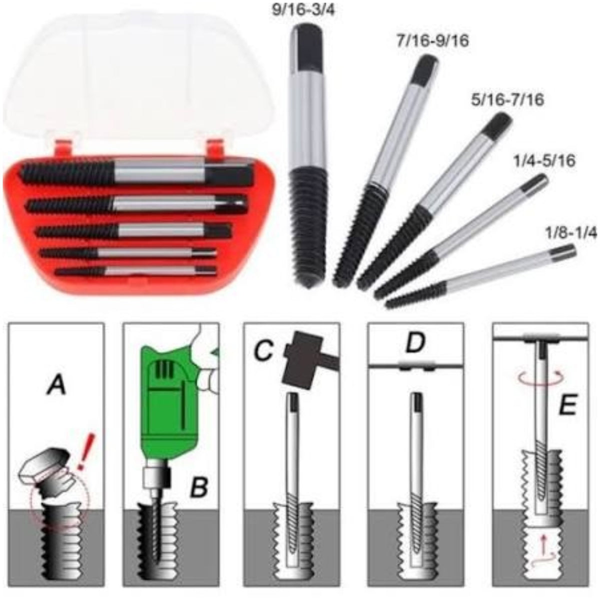 A set of metal thread tapping tools shown with a red plastic case and size labels, plus five instructional panels explaining use with screw threads.