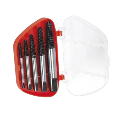A set of five threaded metal drill bits with black tips and silver shafts, stored in a red plastic case with a clear hinged lid, shown on a white background.