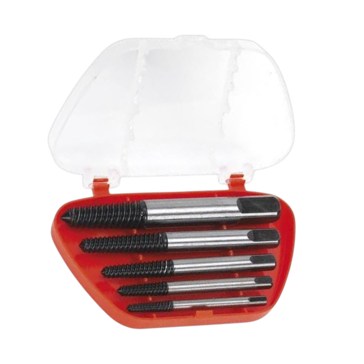 A 5-piece threaded tap set in a clear plastic case with a red base, shown on a white background.