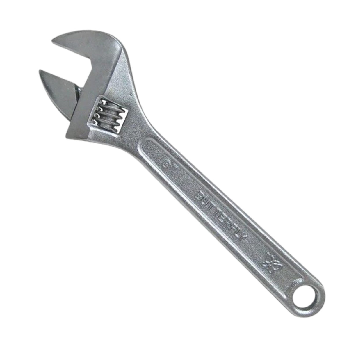 A silver adjustable wrench with a textured handle and a hanging loop, shown on a plain white background.
