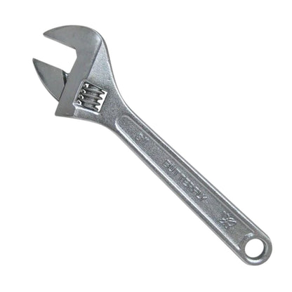 A silver adjustable wrench with a textured handle and a hanging loop, shown on a plain white background.