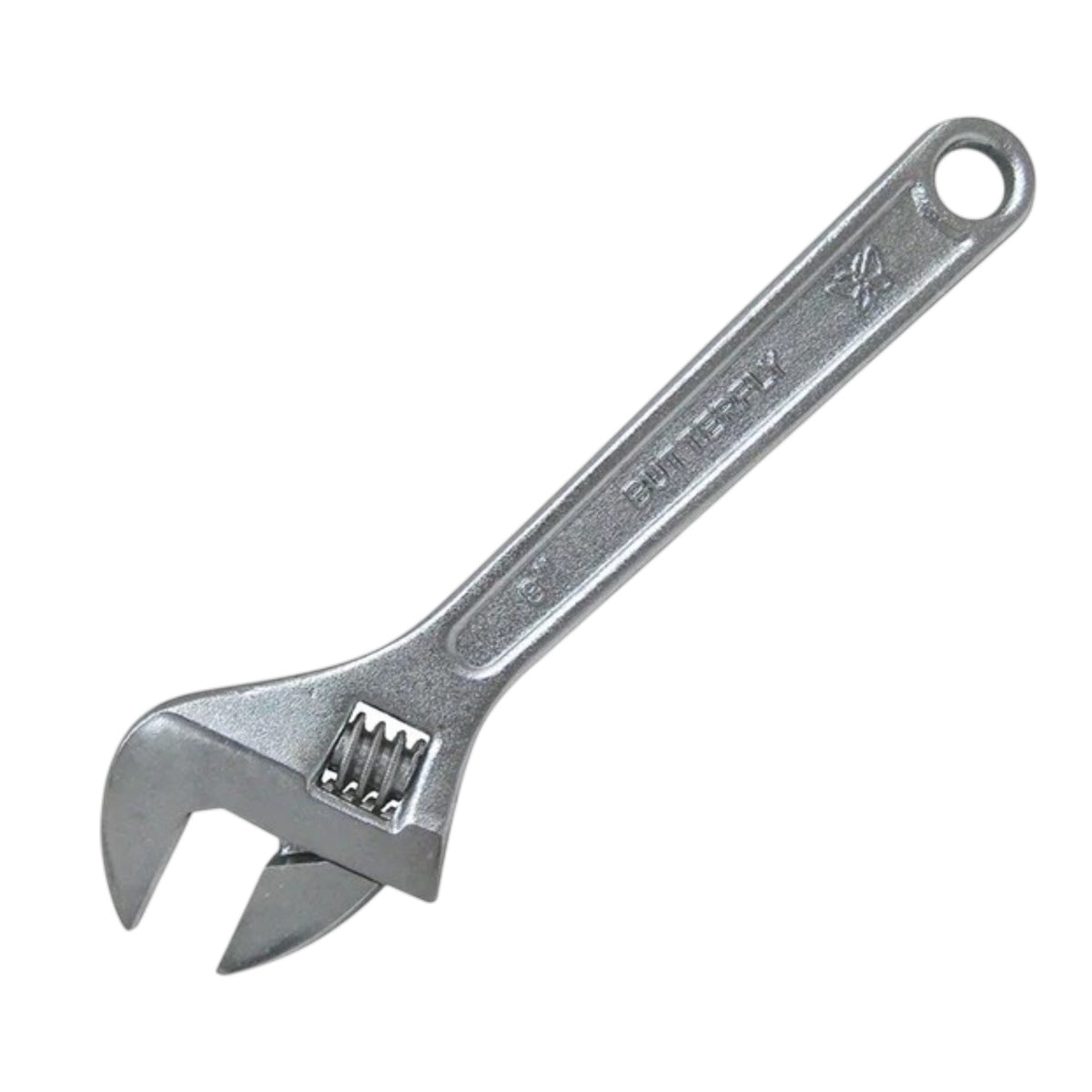 A silver adjustable wrench with a textured handle and a hanging hole, shown on a plain white background.
