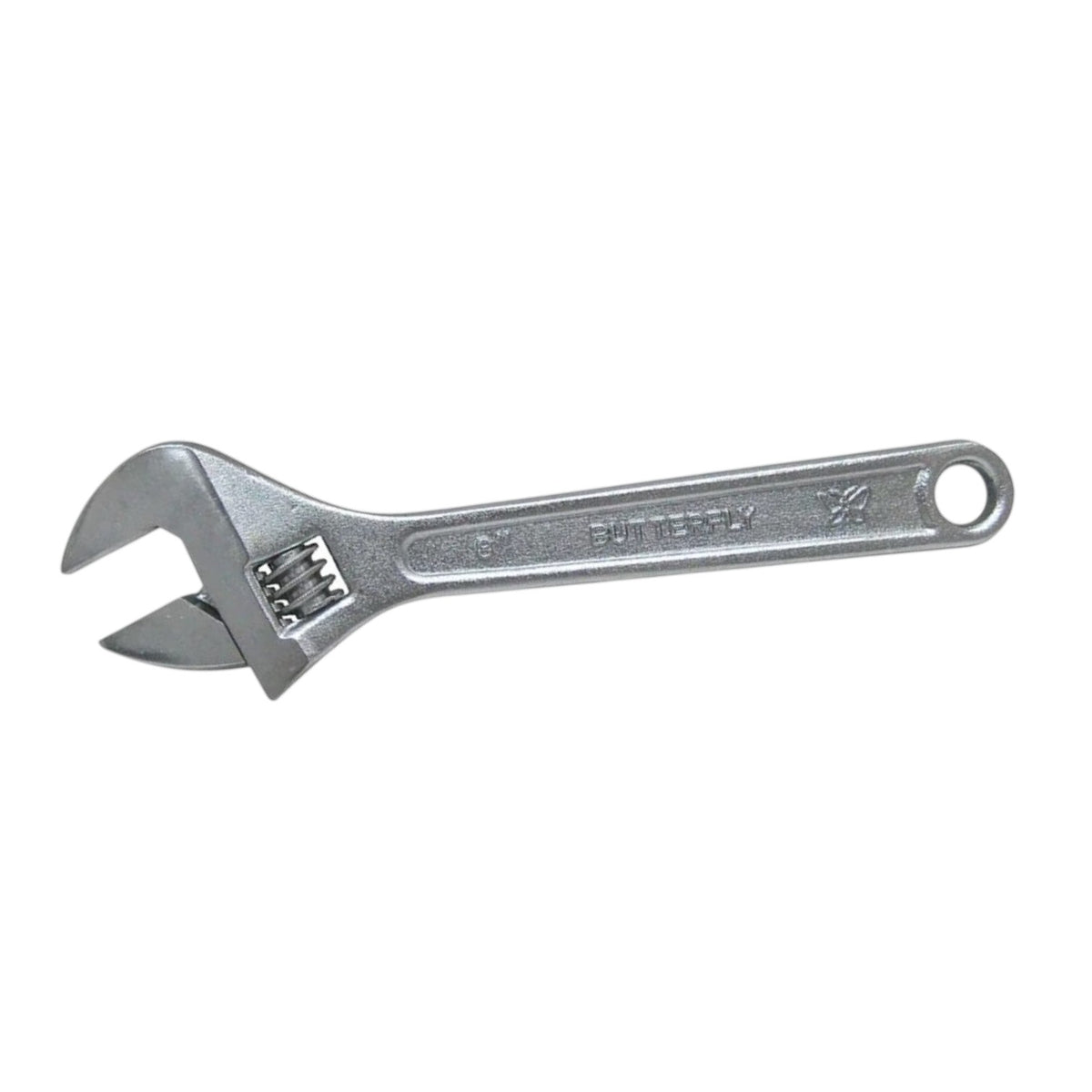 A silver adjustable wrench with a hanging hole at the end of its handle, shown on a plain white background.