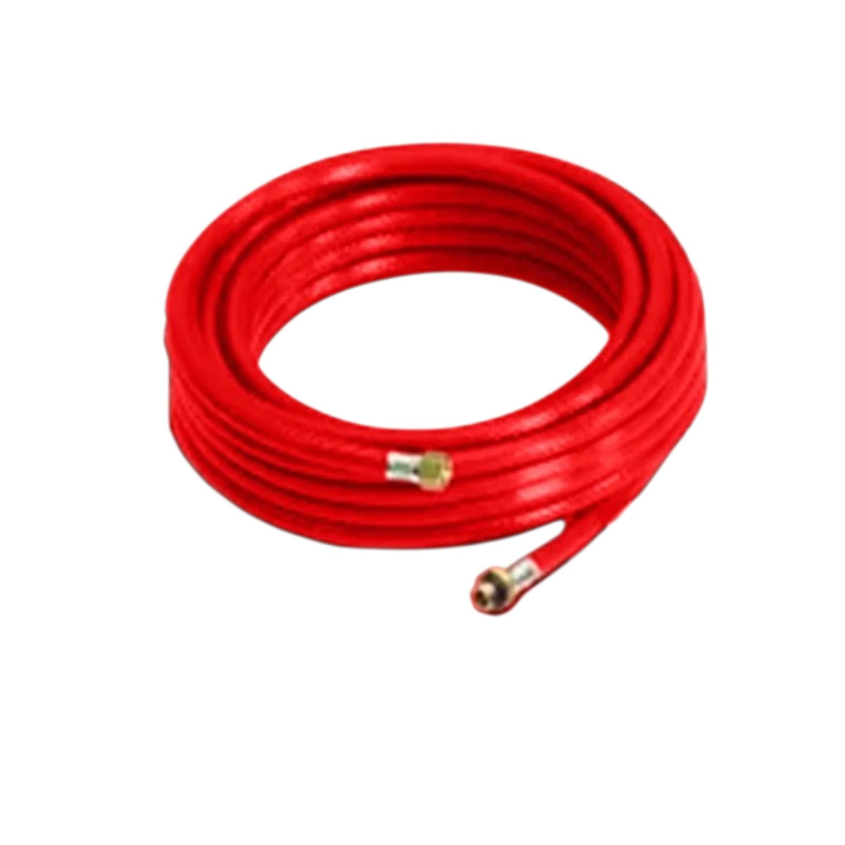 A coiled red hose with metal connector fittings, isolated on a white background.