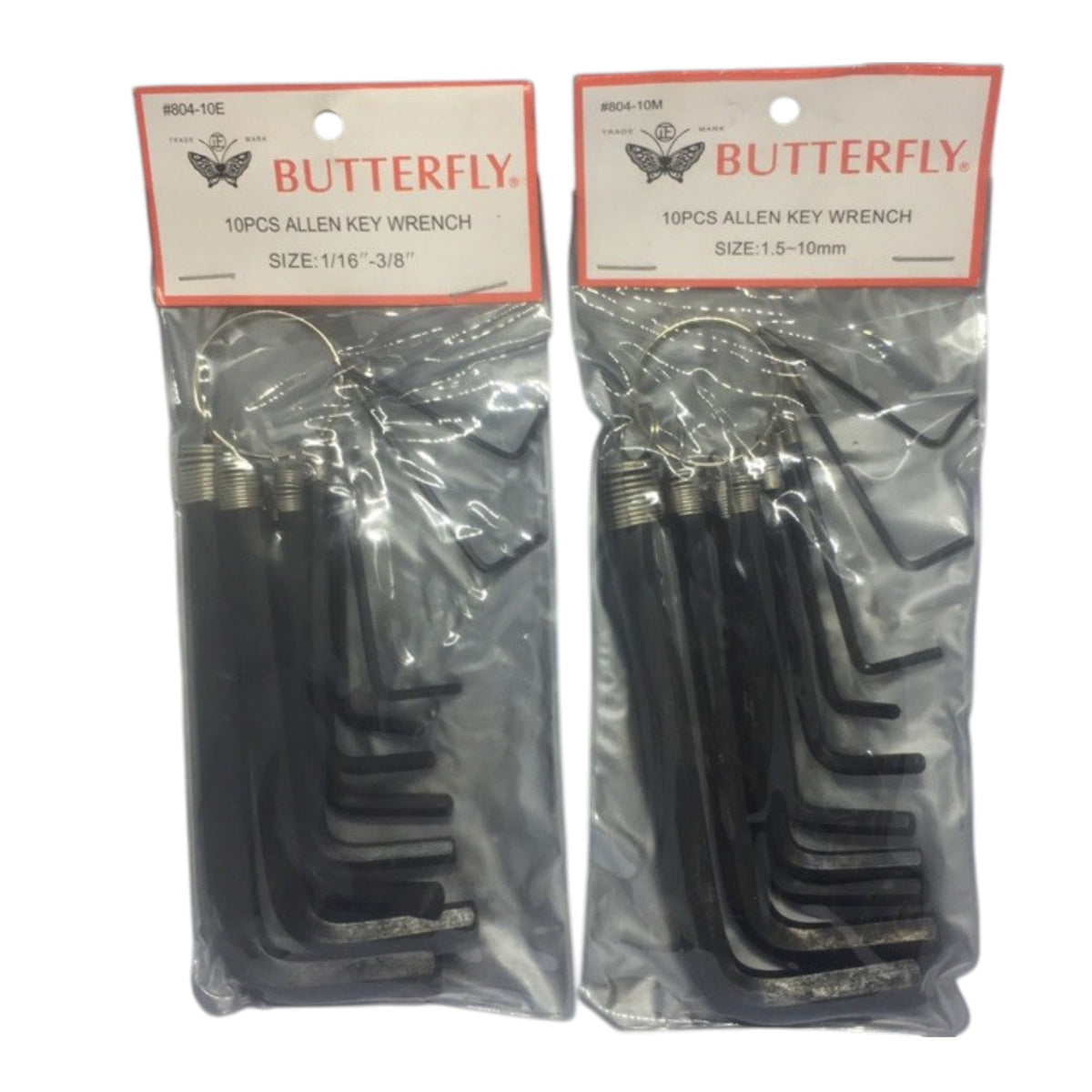 Two packages of Butterfly 10-piece Allen key wrenches in size 1/16 - 3/8 inches, shown in clear plastic bags with red and white header cards.
