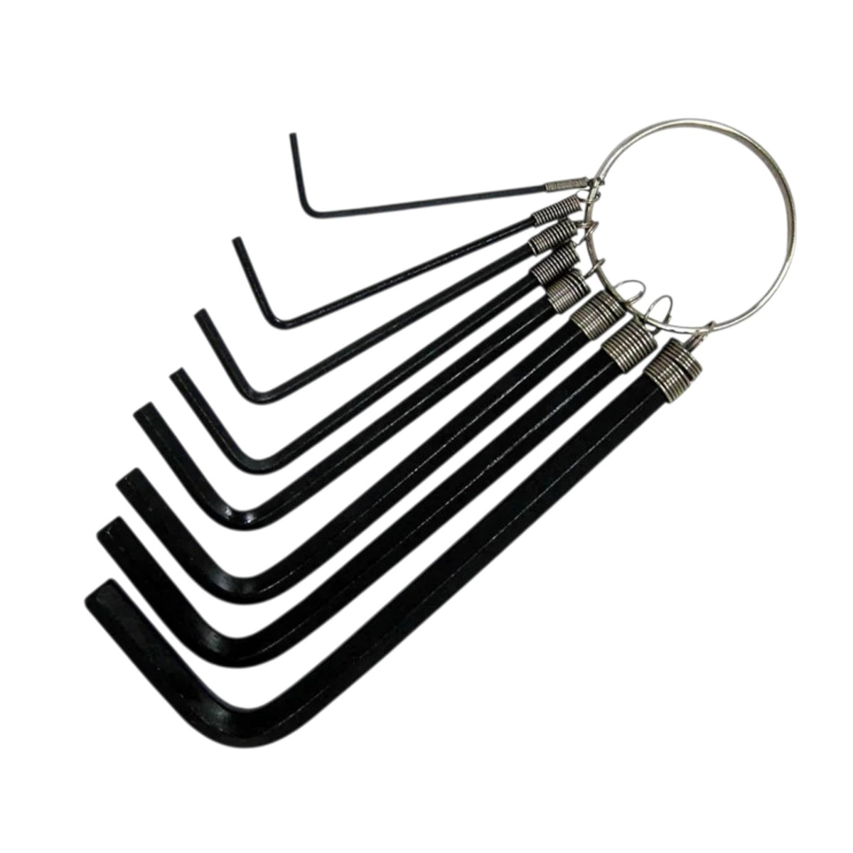 A set of eight black hex wrenches of varying sizes attached to a silver metal ring, shown on a plain white background.