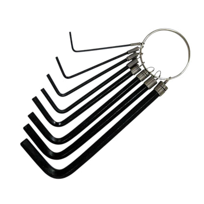 A set of eight black hex wrenches of varying sizes attached to a silver metal ring, shown on a plain white background.