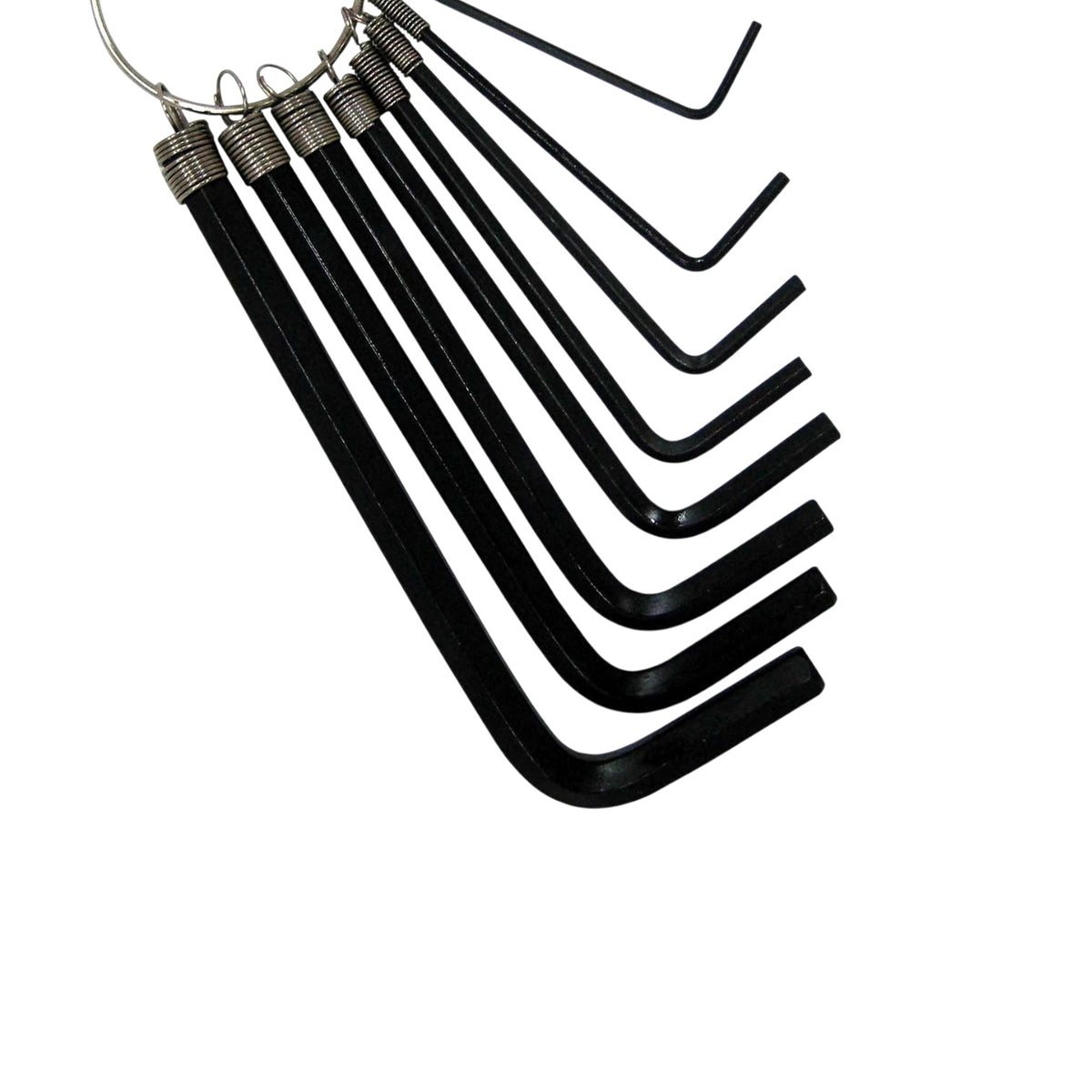A set of black hex wrenches in varying sizes attached to a metal ring, shown on a plain white background.