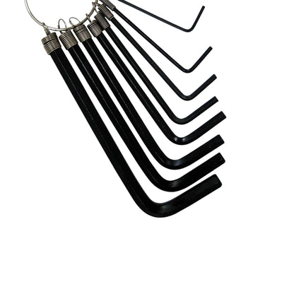 A set of black hex wrenches in varying sizes attached to a metal ring, shown on a plain white background.