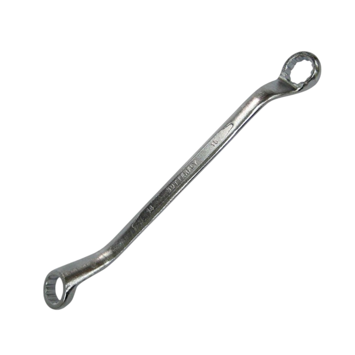 A double-ended wrench with open ends, featuring a textured grip on the loop ends and stamped size markings on the shaft, shown on a plain white background.