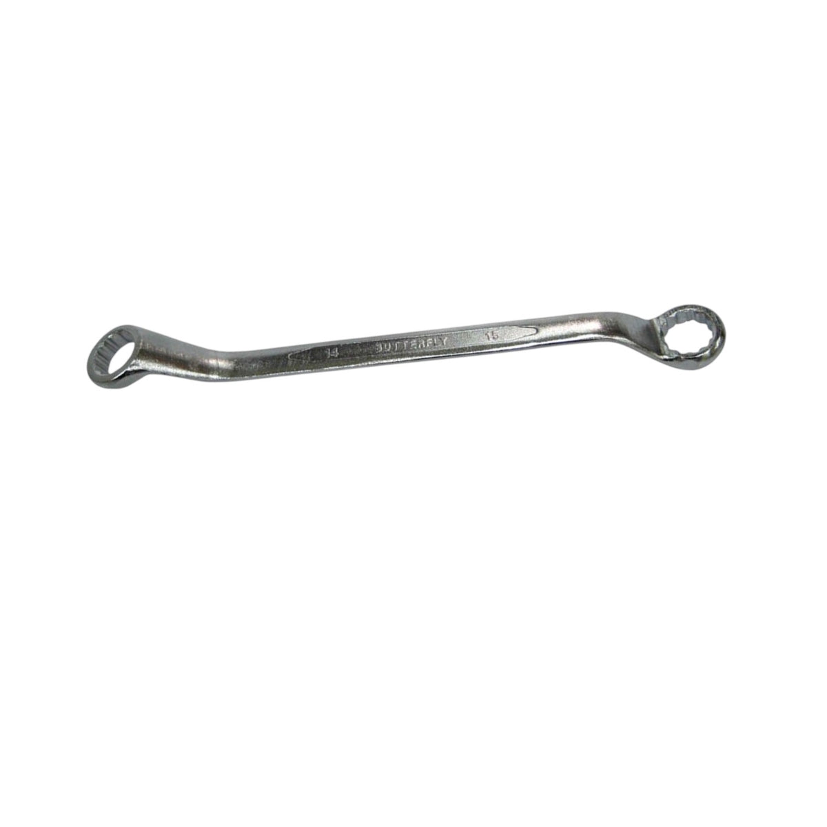 A silver metal double-ended wrench with looped ends, shown horizontally on a plain white background.