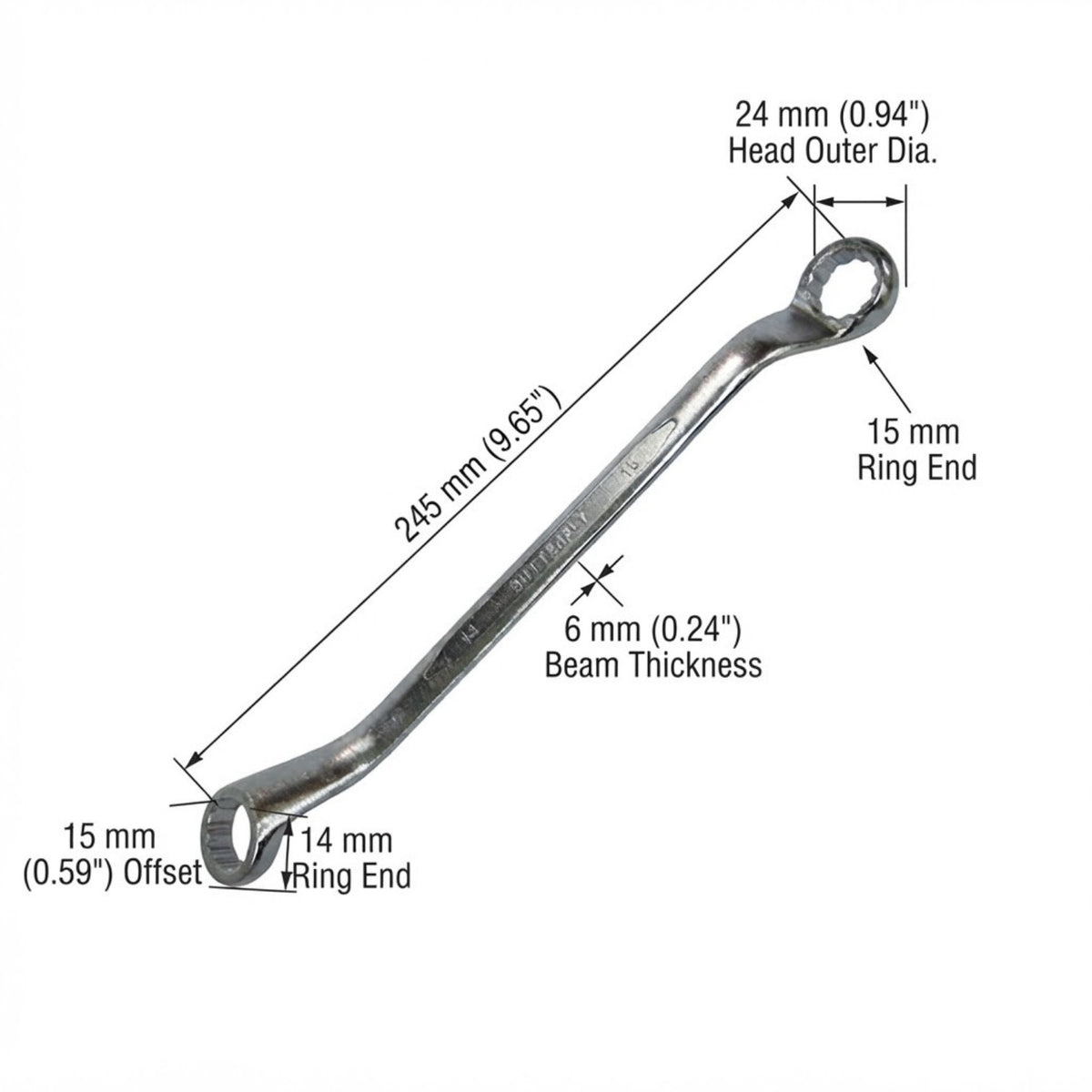 A wrench with overlaid dimension labels and measurement lines showing head outer diameter, ring end, offset, and beam thickness on a white background.