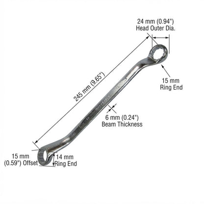 A wrench with overlaid dimension labels and measurement lines showing head outer diameter, ring end, offset, and beam thickness on a white background.