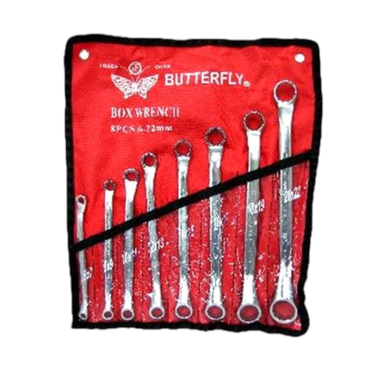 A set of nine box wrenches in a red fabric roll-up case with black trim and a black elastic strap. The case is branded with the Butterfly logo and text reading 'BOX WRENCH' and 'RPC No.