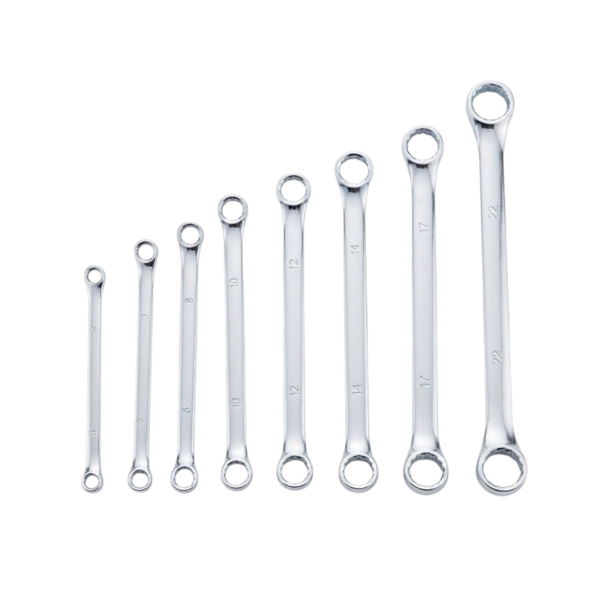 A set of eight silver metal combination wrenches in ascending size order, arranged diagonally on a plain white background.