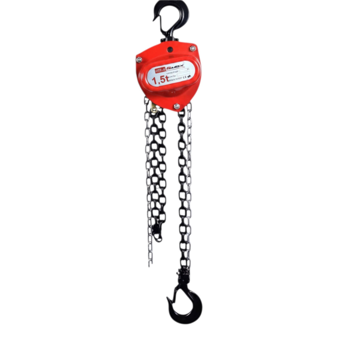 A 1.5-ton manual chain hoist with a bright red housing, black hook and hook lifters, and silver steel chains, shown against a plain white background.