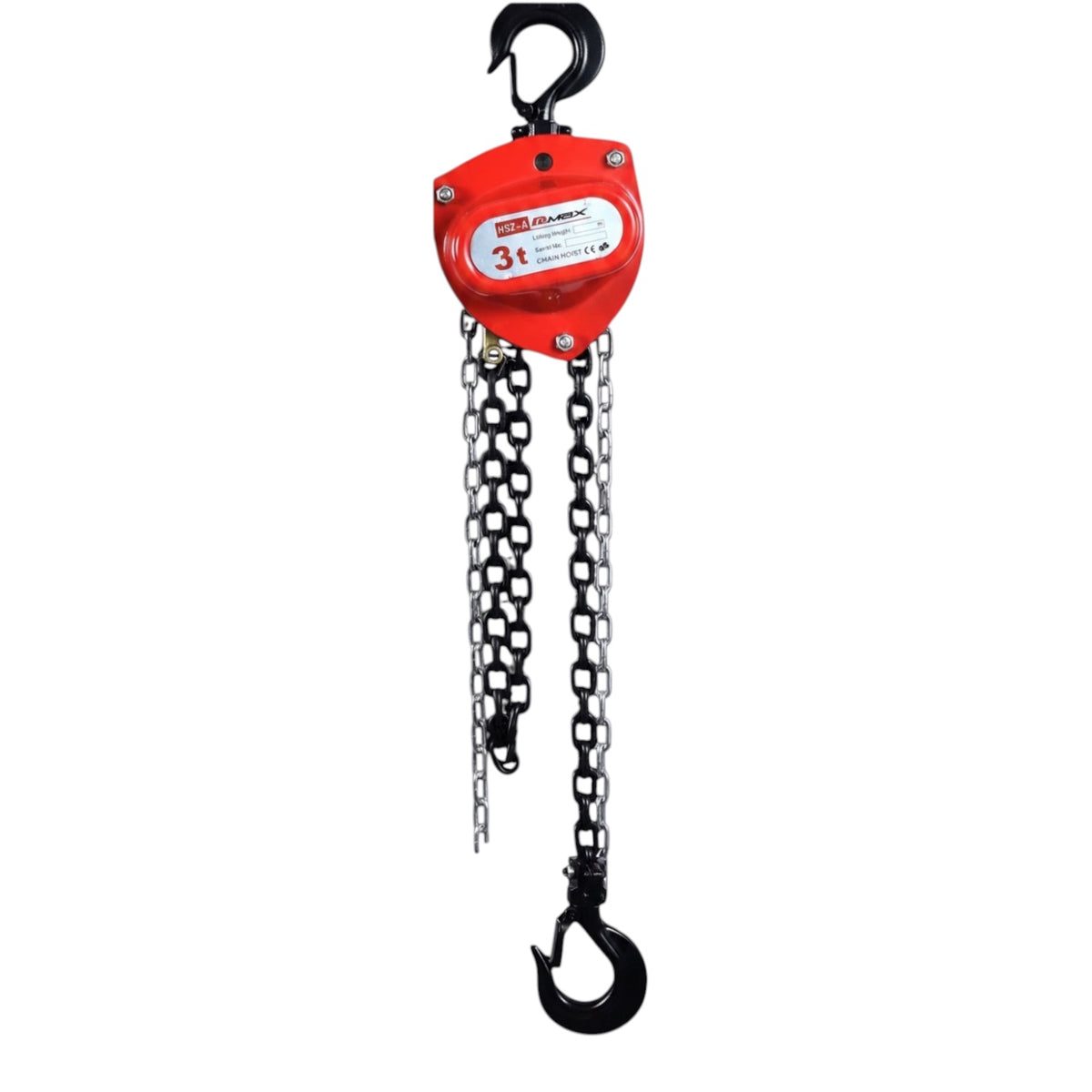 A manual chain hoist with a bright red housing, black hook and hook lifters, and silver steel chains, shown against a plain white background.