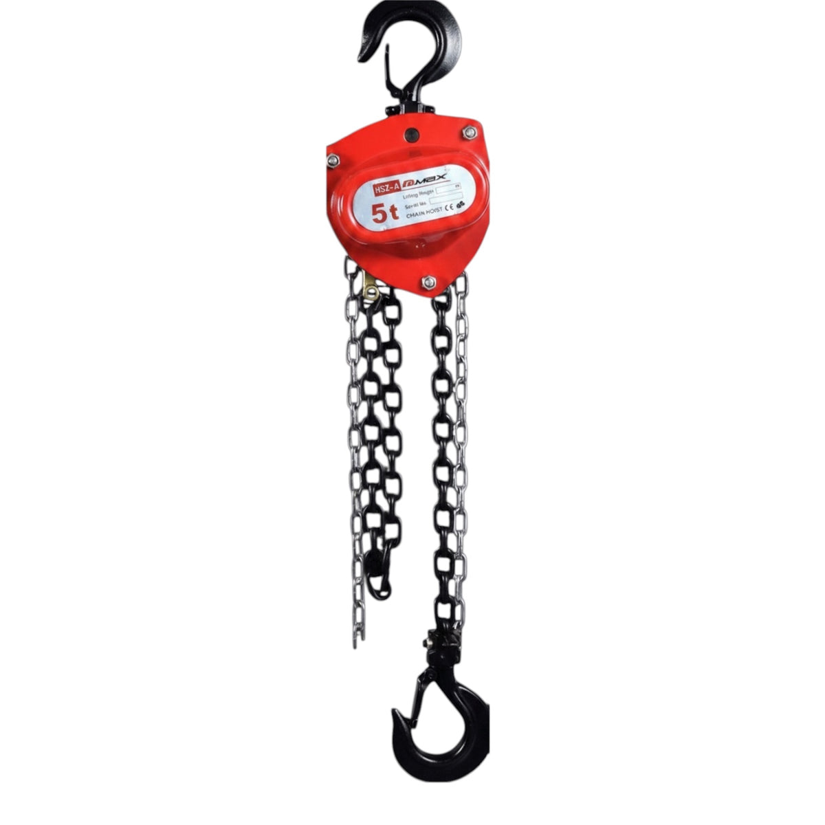 A red and black 5-ton chain hoist with silver steel chains and black hooks, shown against a plain white background.