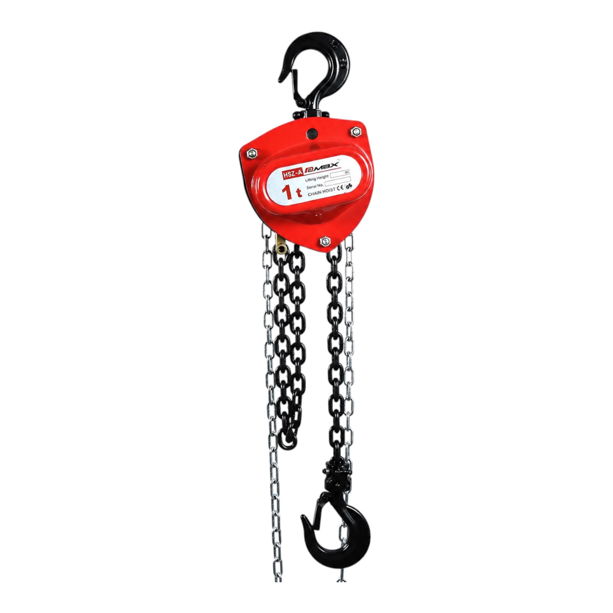 A red and black industrial chain hoist with a metal hook and hanging chains, shown against a plain white background.
