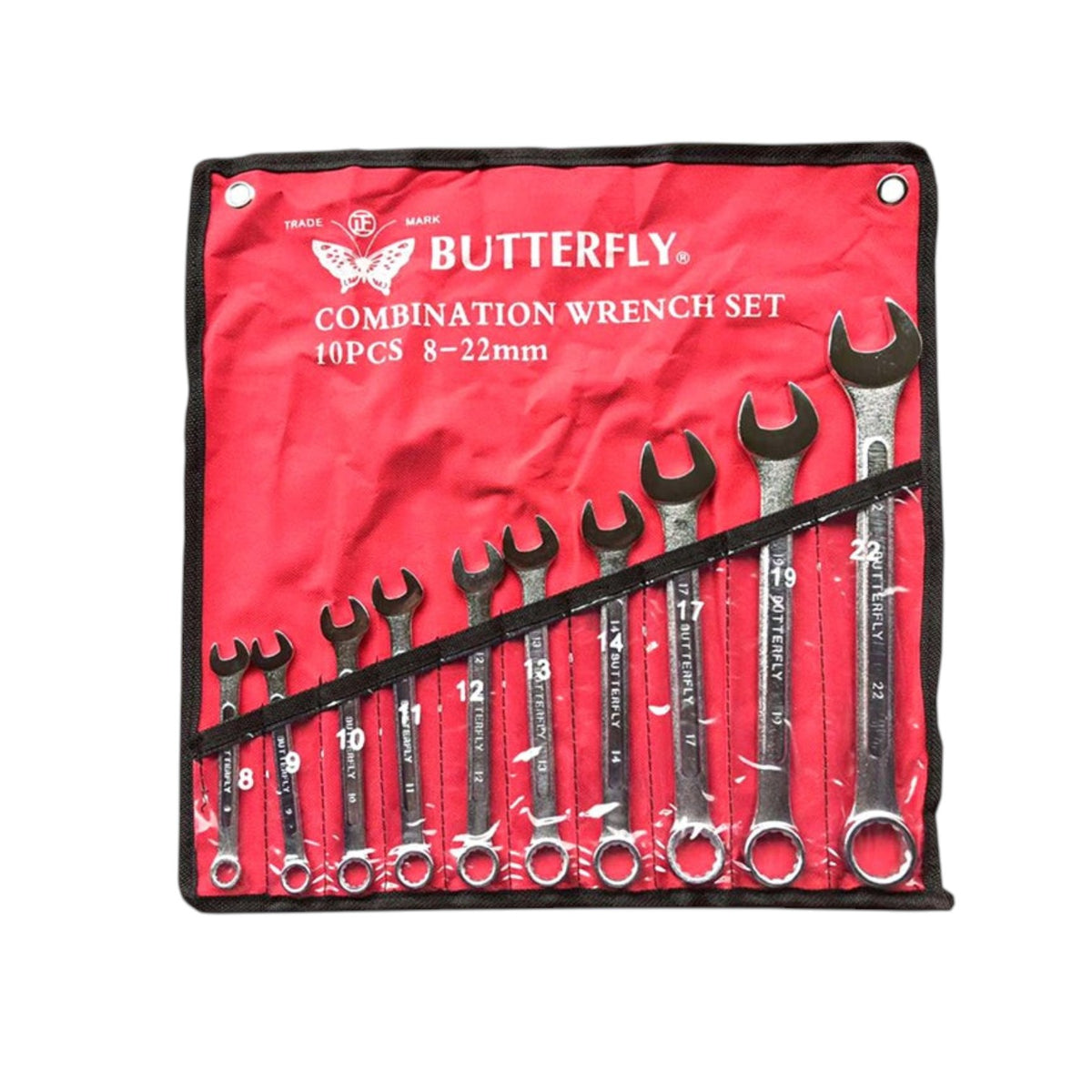 A 10-piece combination wrench set in a red fabric roll-up pouch with black trim. The white printed text reads 'BUTTERFLY COMBINATION WRENCH SET 10PCS 8-22mm' with the Butterfly logo.