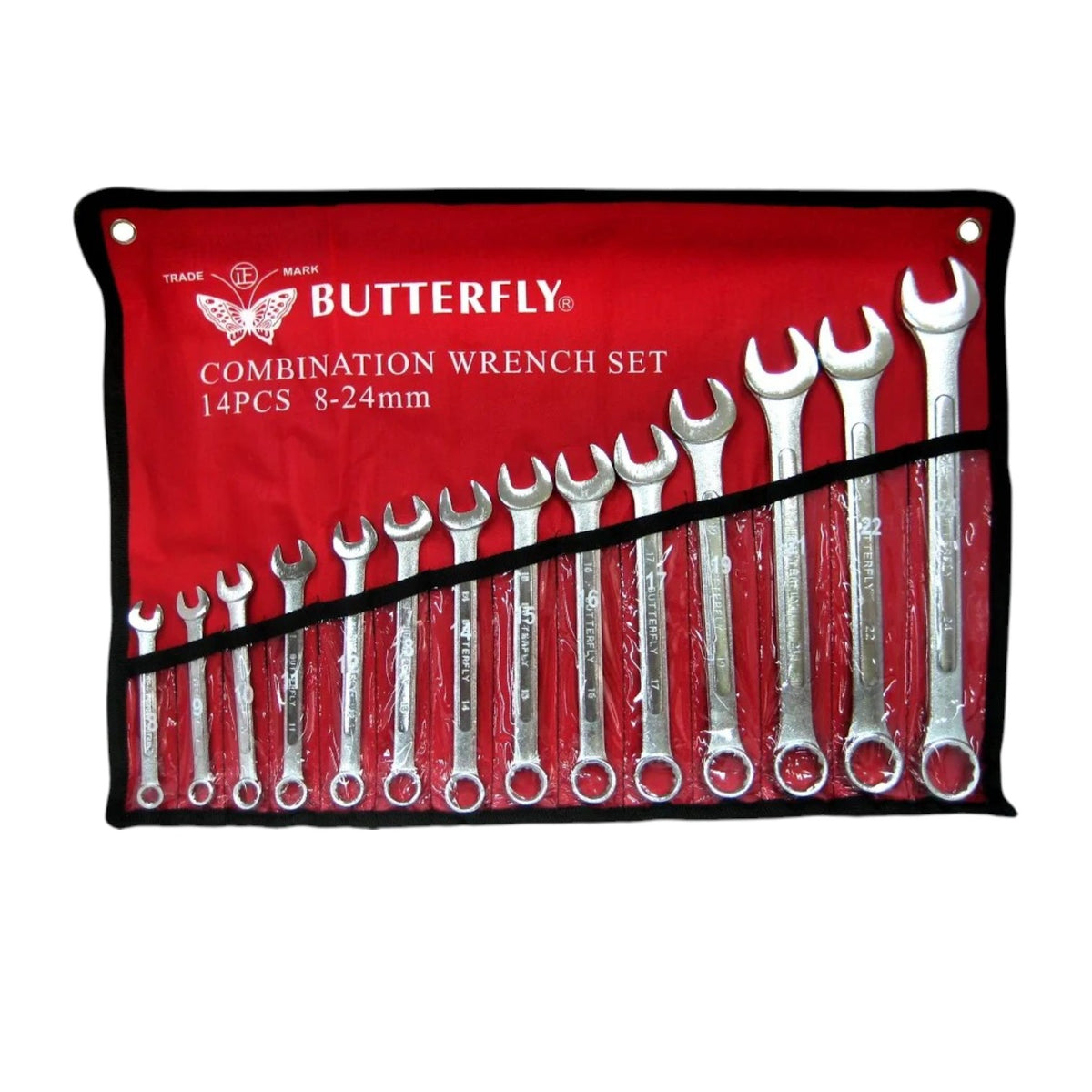 A 14-piece combination wrench set in a red roll-up pouch with black trim. The silver metal wrenches are arranged in a diagonal row inside the pouch, which features the white 'BUTTERFLY' brand logo and text reading 'COMBINATION WRENCH SET 14PCS 8-24mm'.