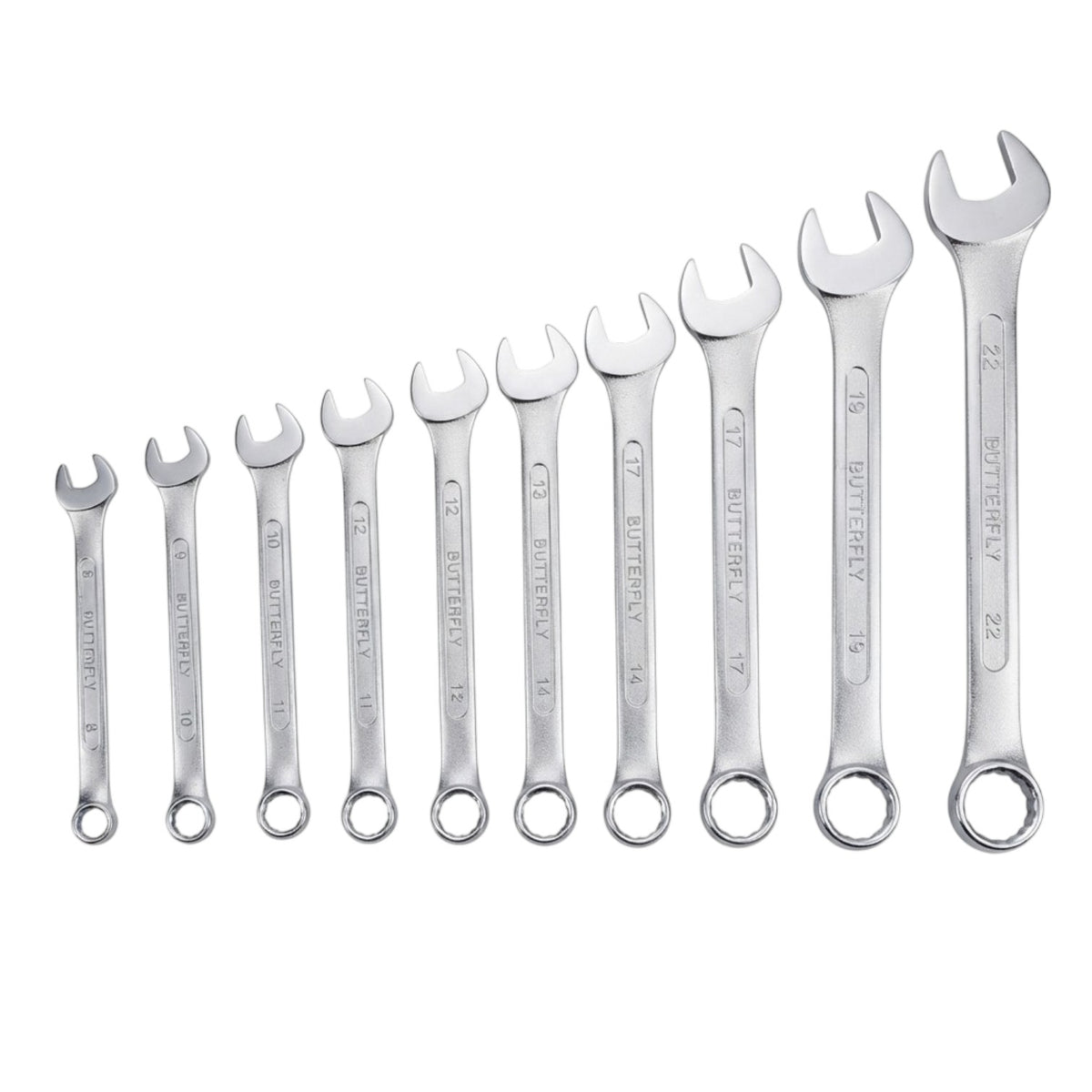 A set of 10 silver metal combination wrenches in ascending size order, arranged diagonally on a plain white background. Each wrench has a ring at both ends and is engraved with its size and 'BATTERY' specification.