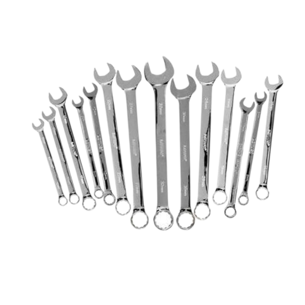 A set of twelve chrome combination wrenches in various sizes, arranged in a fan shape against a plain white background.