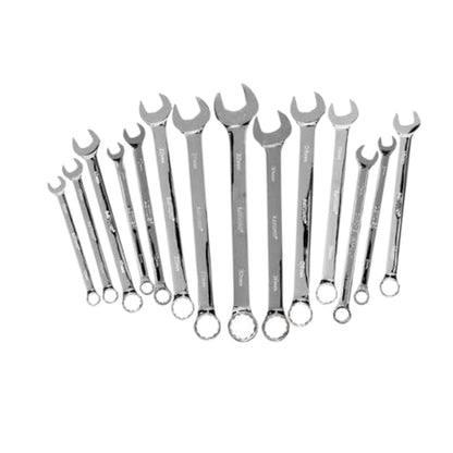 A set of twelve chrome combination wrenches in various sizes, arranged in a fan shape against a plain white background.