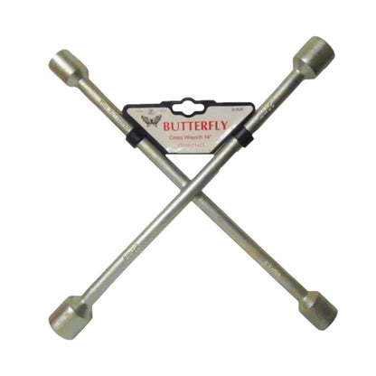 Two metallic cross wrenches crossed over each other with a cardboard butterfly-branded retail hanger in the center, shown on a plain white background.