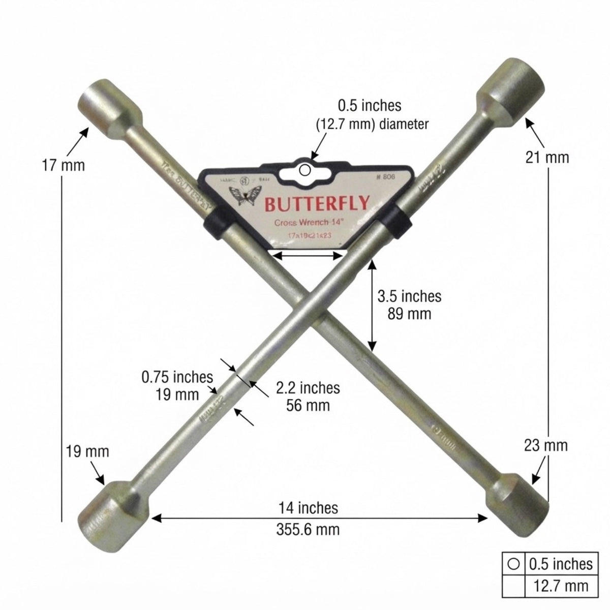 Cross wrench 14-inch tool with overlaid dimension labels and measurements for both 0.5-inch and 12.