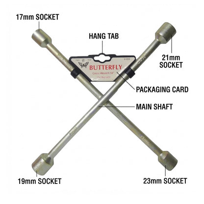 Cross wrench with four socket ends labeled 17mm socket, 19mm socket, 21mm socket, and 23mm socket, overlaid with callout lines naming parts such as hang tab, packaging card, main shaft, and socket.