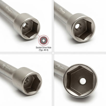 Four-panel close-up collage of a metallic socket wrench bit showing different socket drive sizes and the center socket drive hole, on a white background.