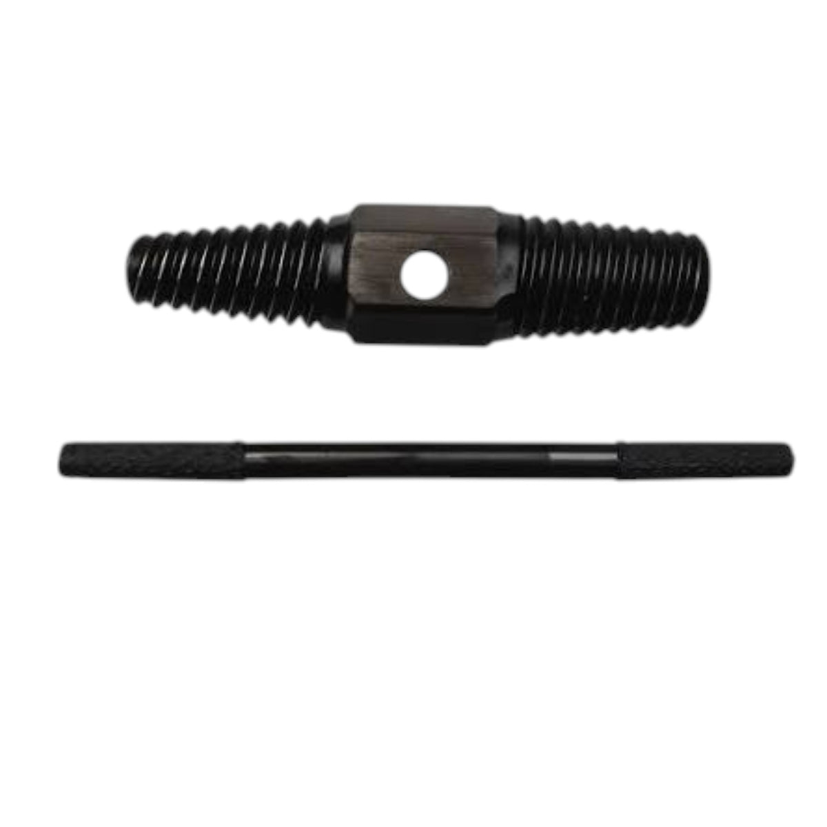 A black metal thread tool with a hexagonal center and a matching straight wrench bit, shown on a plain white background.