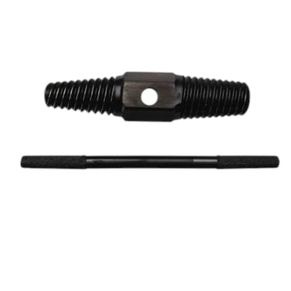 A black metal thread tool with a hexagonal center and a matching straight wrench bit, shown on a plain white background.