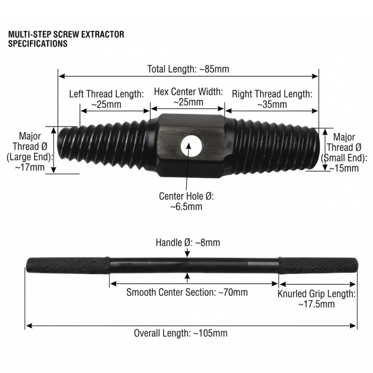 Technical specification diagram of a multi-step screw extractor tool, showing labeled dimensions for total length, thread lengths, center hole diameter, major thread diameters, handle diameter, smooth center section, knurled grip length, and overall length on a white background.
