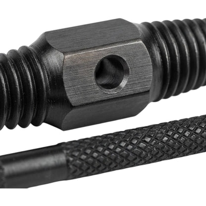 Close-up of a black metal threaded rod or bolt component with a hexagonal threaded section and a knurled textured handle, shown on a white background.