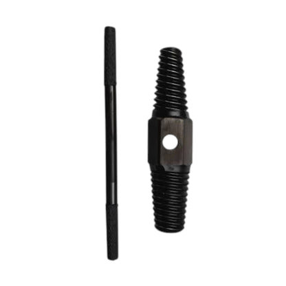 A black metal threaded tool with a hexagonal body and center hole, shown alongside a matching straight black rod on a plain white background.