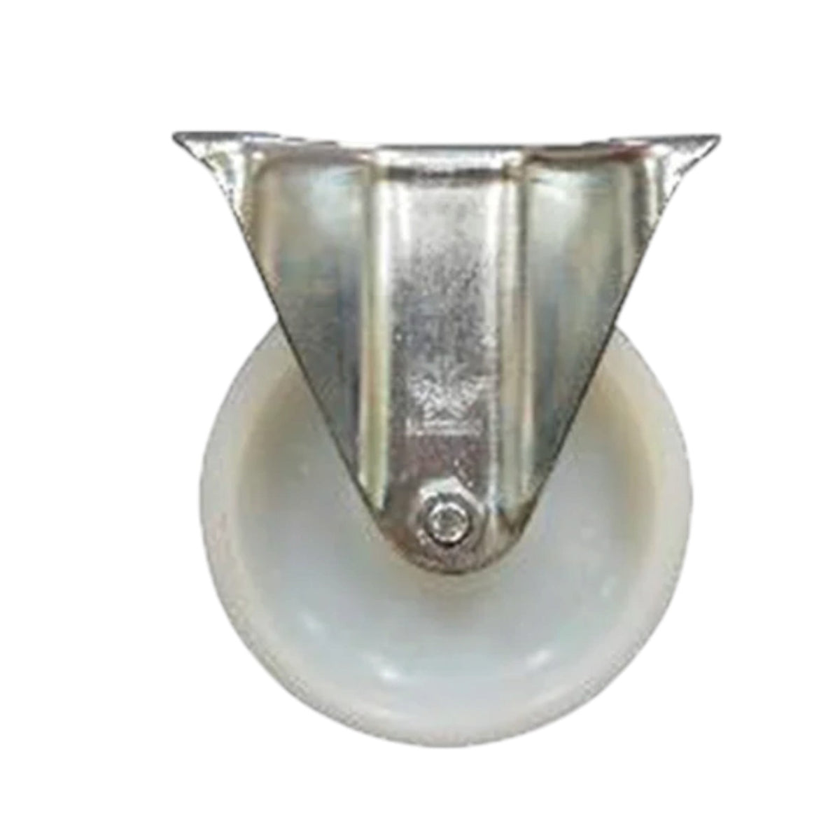 A metal caster wheel with a silver aluminum triangular hub and a white circular wheel base, isolated on a white background.