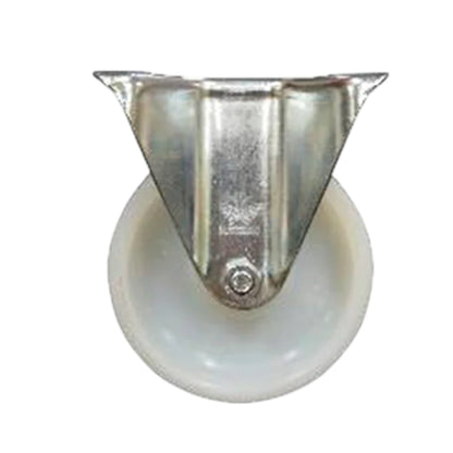 A metal caster wheel with a silver aluminum triangular hub and a white circular wheel base, isolated on a white background.