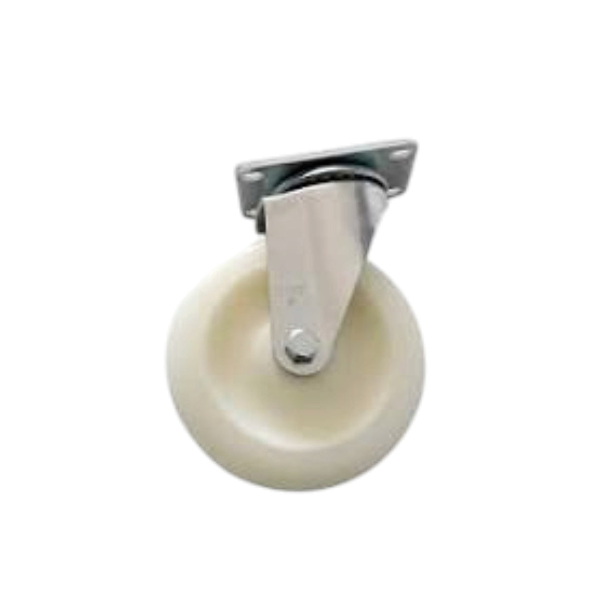 A single industrial swivel caster wheel with a cream-colored plastic wheel and a silver metal mounting bracket, isolated on a white background.