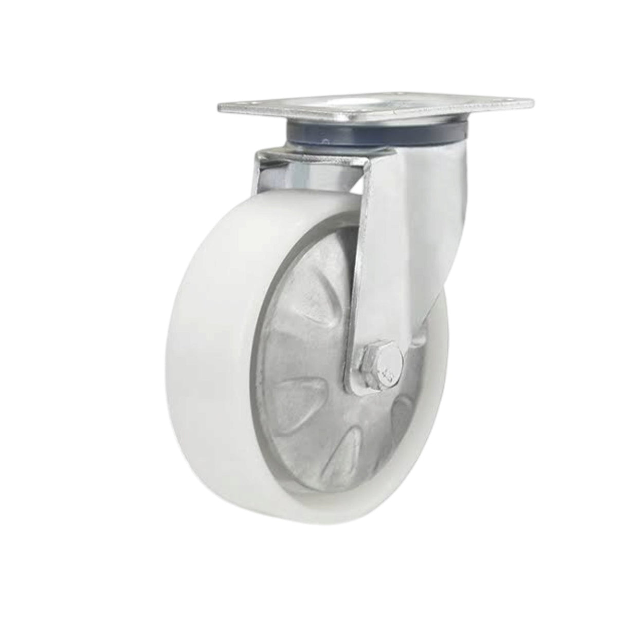 A heavy-duty industrial swivel caster wheel with a white rubber tire, a polished steel hub, and a square metal mounting plate, shown on a solid white background.