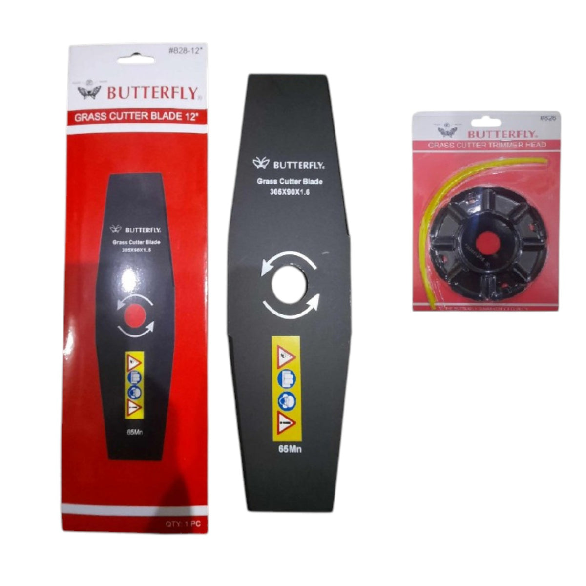 Three Butterfly grass cutter blade related items on a white background: a boxed 12-inch grass cutter blade, the blade itself, and a boxed 6-inch grass cutter training head.