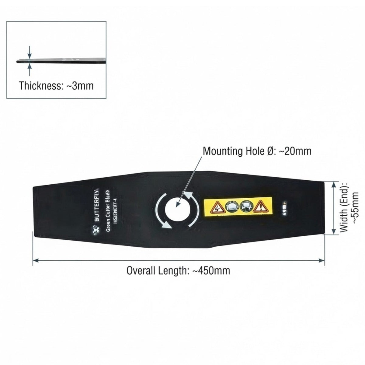 Black grass color blade with mounting hole and dimensions, featuring a top-left inset showing blade thickness of approximately 3mm.
