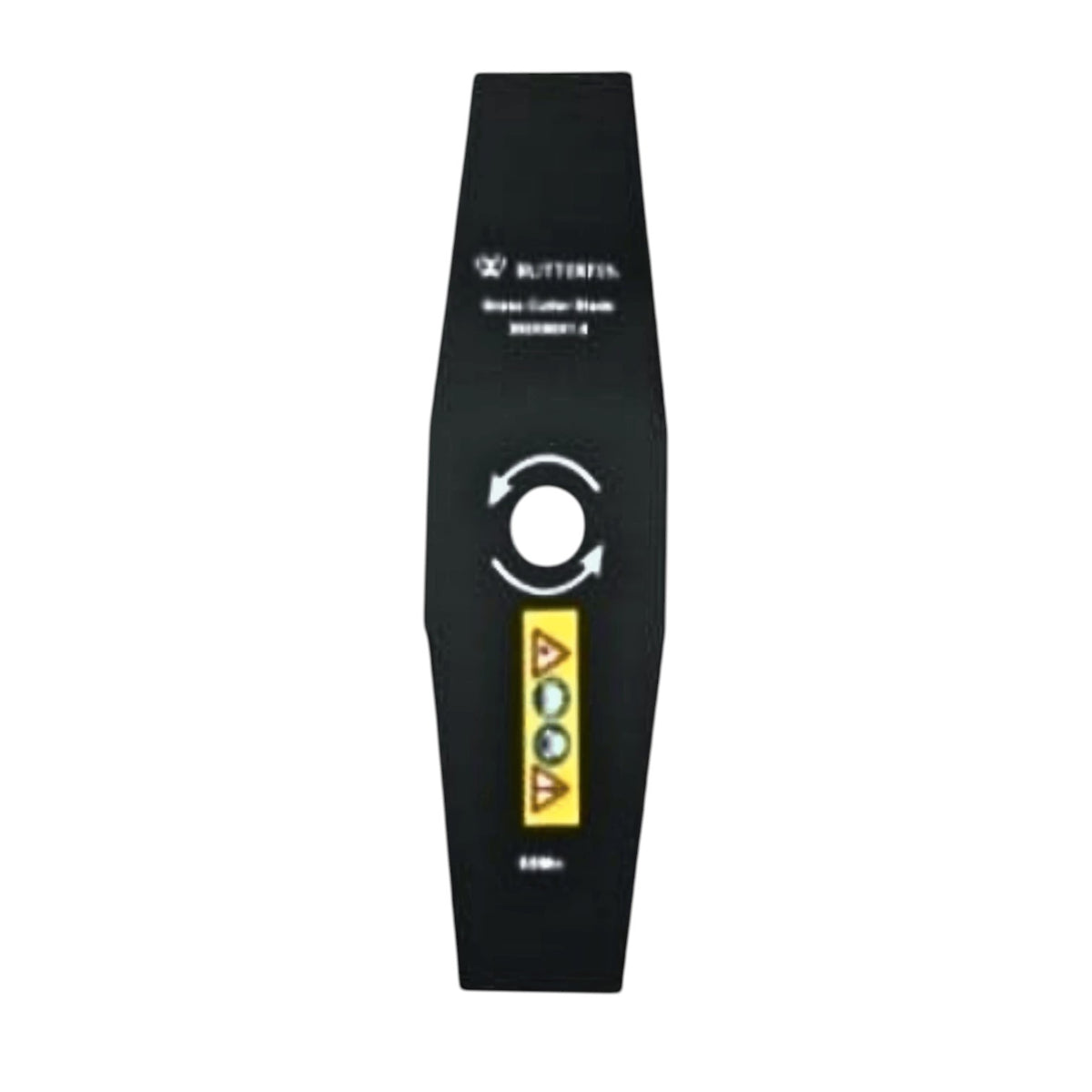 A black plastic butterfly-shaped component, likely a filter element or replacement part, featuring white printed text, a circular arrow symbol, and a yellow warning label with red and green symbols. The brand name 'BLITTERFEIN' is visible at the top.