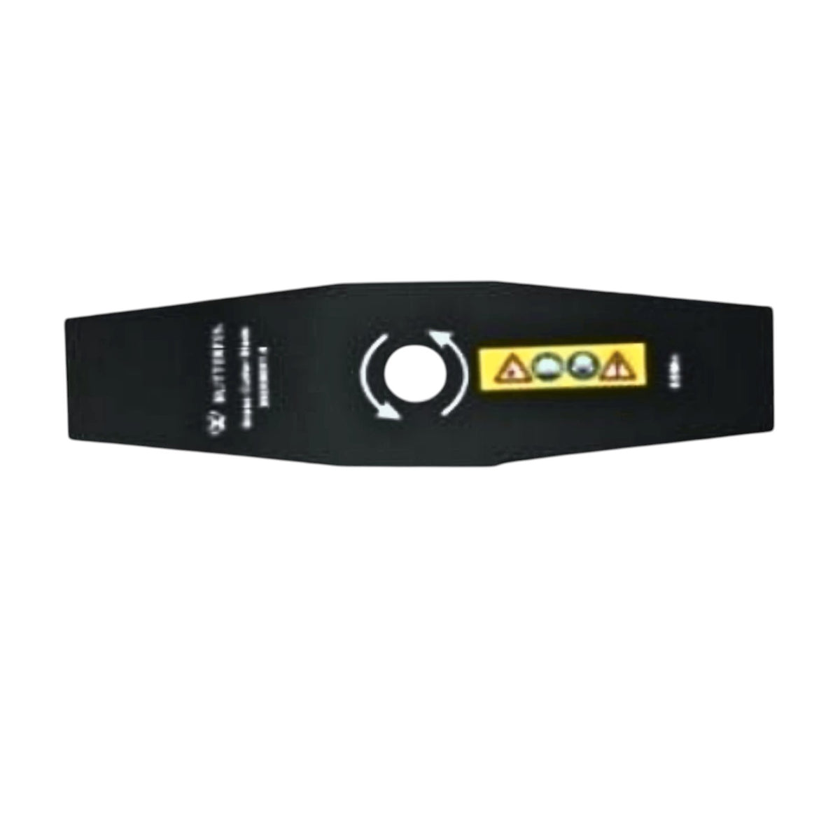 A black industrial belt clip or safety belt buckle component with white printed arrows, a circular cutout, and a yellow warning label containing hazard symbols, shown on a plain white background.
