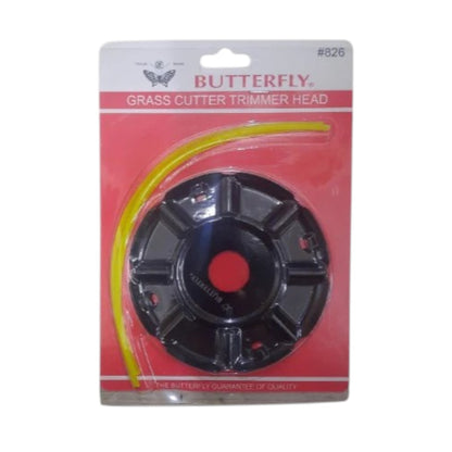 A Butterfly grass cutter trimmer head in its original retail blister packaging. The trimmer head itself is black with a red center hub, and a yellow cord is visible behind it.