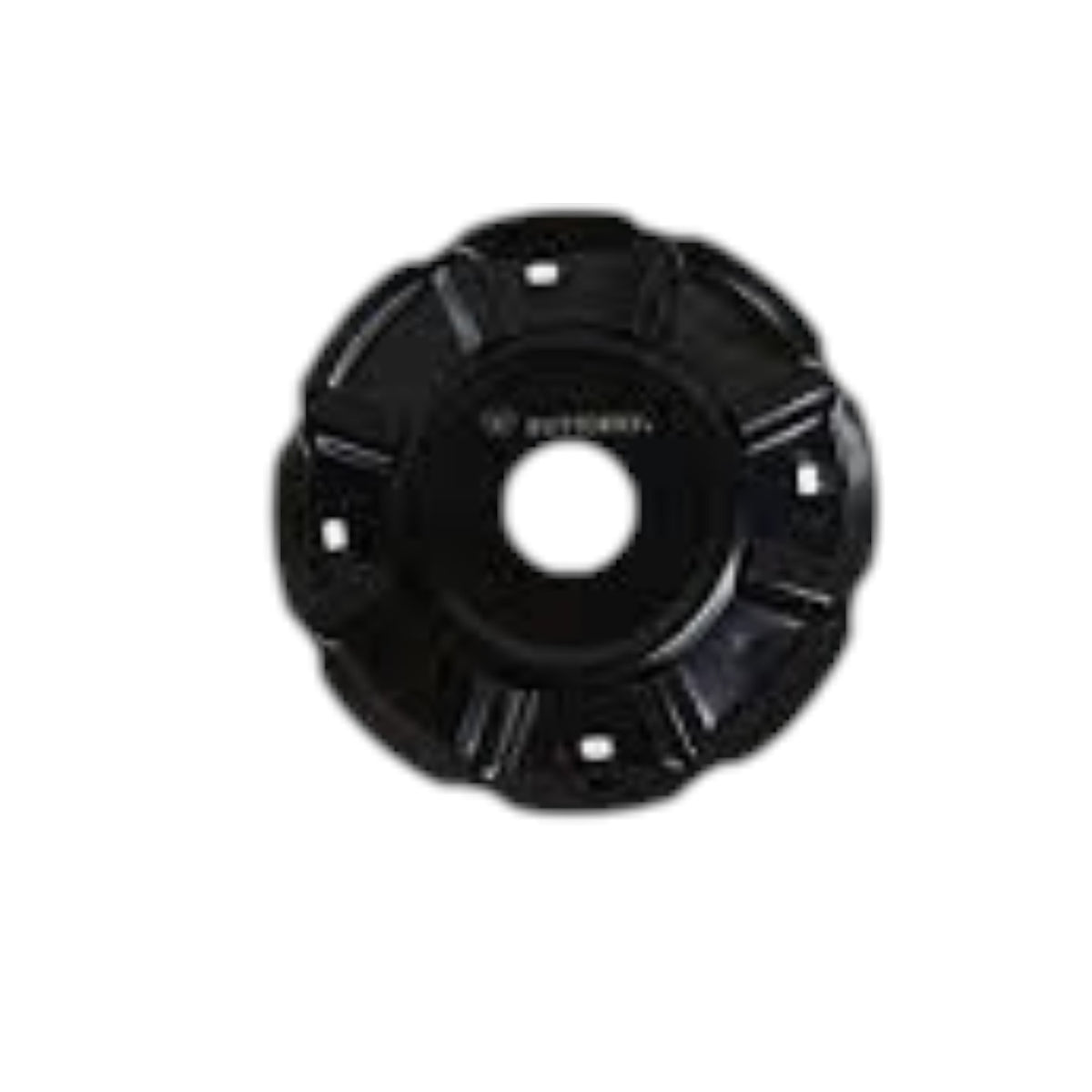 A black circular metal component with a central hole and multiple radial slots, photographed on a plain white background.