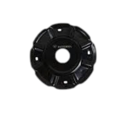 A black circular metal component with a central hole and multiple radial slots, photographed on a plain white background.