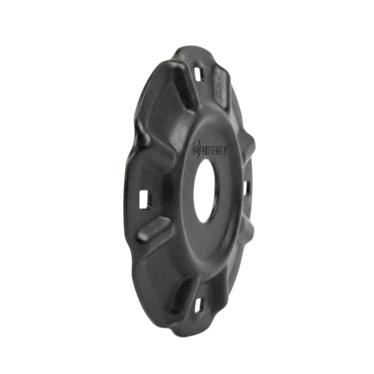 A black cast iron weight plate bumper plate with a central hole and four mounting holes, featuring the 'BATTERY' brand logo embossed on the side, set against a plain white background.