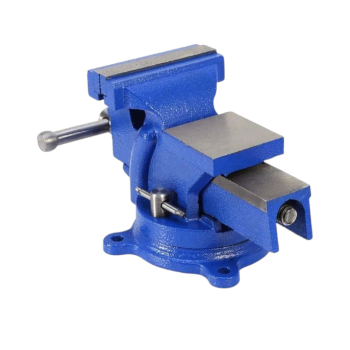 A blue cast iron bench vise with silver metal jaws and a silver adjustment handle, isolated on a white background.